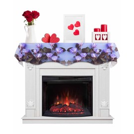 Mantel Scarf Rose Blossom Valentines Day Fireplace Mantel Scarf Cover Romantic Purple Floral Fireplace Cloth Table Runner Decoration for Home Living Room Valentine's Day, Anniversary 60 x 17 in