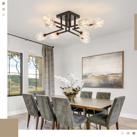 brfaixla 8-Light Semi Flush Mount Ceiling Light Fixture Matte Black Industrial 26 Inch Sputnik Chandelier Modern Farmhouse Lighting for Kitchen Island Dining Living Room Bedroom Foyer Entry, G9 Base