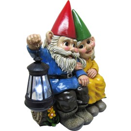 DWK Light of Our Love Gnome Couple Sitting On Log Solar Lantern Statue