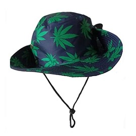 KGM Printed Design Boonie Bush Combat Brim Army Fisherman Corded Safari Sun Bucket Hat - Outdoor Festival Hats, Leaf blue green