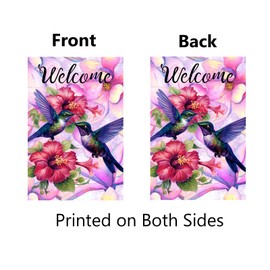 Hummingbird Garden Flag Hibiscus Flowers Spring Yard Flags for Outside 12x18 Double Sided Welcome Banner Outdoor Home Decor