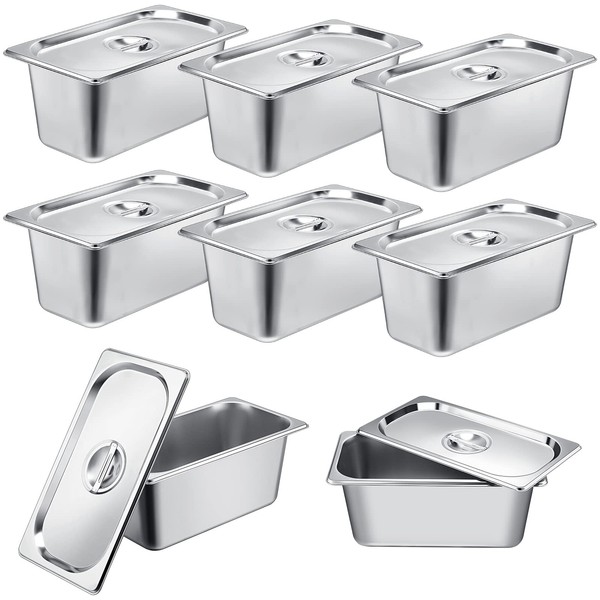 8 Pack Stainless Steam Hotel Pan 1/3 Size x 6 Deep Steam Table Pan with Lid 0.8 mm Thick Stainless Steel Anti Steam Pan Restaurant Anti Clogging Steamer for Party, Restaurant, Hotel