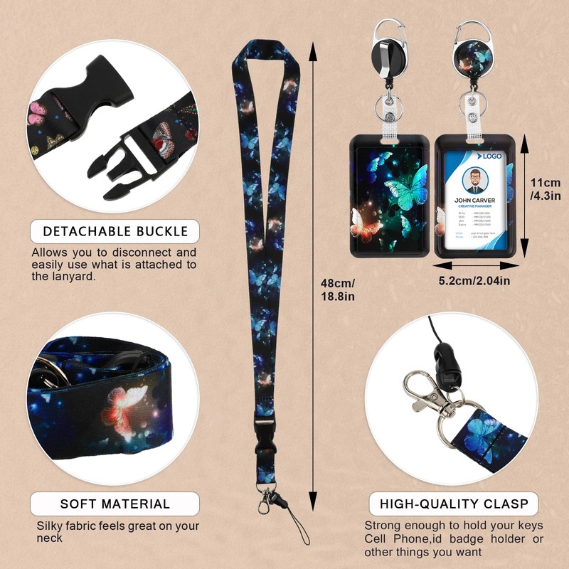 Amabro Butterfly Lanyards with ID Holder, Retractable Badge Reel with