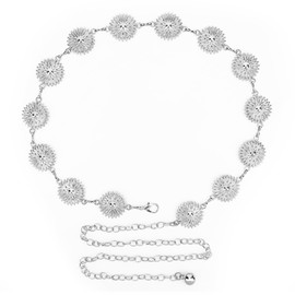 Plus Size Chain Belt for Women, Metal Chain Belt Women Belly Waist Chains, Extra Long Body Chain, 47 Inch Adjustable Chunky Belt Chain (Silver, Daisy Style)