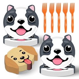 48pcs Dog Party Decoration,include 16 Dessert plate,16 Napkin And 16 Fork,Dog Party Plate Napkin Fork Birthday Set,Used for Dog Party Supplies