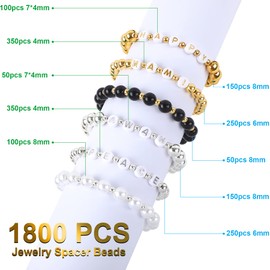 1800Pcs Jewelry Beads Making Set, Silver & Gold Round Spacer Beads 3 Sizes Smooth Alphabet Pearls Beads and 2 Rolls Elastic String for DIY Craft Supplies