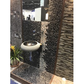 Pebble Tiles Interlocking Round Pebble Floor Tiles for Kitchen Bathroom Balcony Deck Patio Flooring Indoor Outdoor Use Natural Black Pearl Stone Tile(5sheets) F1212102