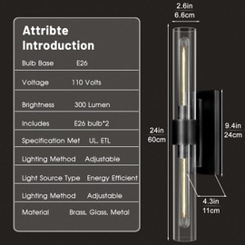 ZHTIECHUI Bathroom Black Vanity Wall Sconces, 2-Light Glass Tube Wall Sconces, 24" Sconces Wall Lighting, Horizontal or Vertical Linear Vanity Light,Indoor Wall Sconces,E26 Bulb Included