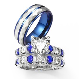 TWO RINGS Wedding Ring Sets His And Hers Promise Ring Couples Bridal Sets Women 925 Sterling Silver Heart Blue Sapphire Man Titanium Wedding Band