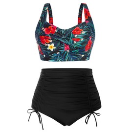 Hanna Nikole Women Two Piece Bikini Set Plus Size Back Self Tie Swimsuits High Waisted Drawstring Ruched Bottom Red Flowers 14