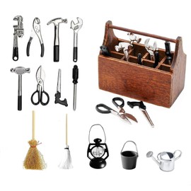 Peiyee Miniature Tool Box with Tools, Miniature Gnome Accessories, Dollhouse Garden Accessories, Dollhouse Accessories, Christmas, Wooden Tool Box with Tools, 14 Pieces Dollhouse Accessories