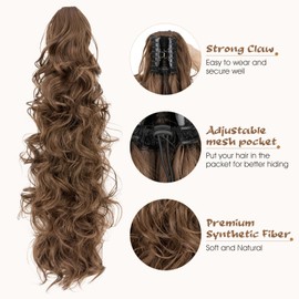 MY-LADY Ponytail Extension, 24" Claw Clip Ponytail Hair Extension for Women Wavy Curly Hairpiece Synthetic Fake Hair Pieces Golden Brown
