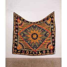 THE ART BOX Burning Sun Tie Dye Celestial Tapestry Boho Moon & Star Cotton Wall Hanging for Bedroom Dorm Decor Beach Coverlet Curtain or Blanket - Yellow 84"x90"