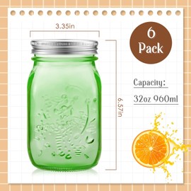 Yinder 6 Pack 32 oz Mason Jars with Lids Wide Mouth Colored Canning Jars Glass Container for Storage Canning Fermenting Pickling DIY Crafts Decoration Dishwasher Not Allowed (Green)