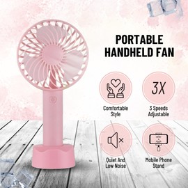 Brago Mini Handheld Fan Battery Operated Small Personal Portable Fan Speed Adjustable USB Rechargeable Fan Powerful Fan for Indoor Outdoor Travelling (Pink)