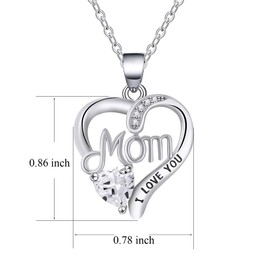 UEUC I LOVE YOU Mom Birth Stones Necklace, Silver Love Heart Pendant Necklace for Mom, Necklace Gift for Mother with 18''+2'' Chain(#15 White)