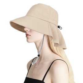 ehsbuy Women's Cotton Wide Brim Foldable Summer Bucket Hat Lightweight with Neck Flap and Adjustable Chin Strap Gifts for Beach Gardening Safari Outdoor, gray, Unit size