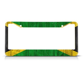 Beabes Jamaican Flag License Plate Frame Black Yellow Green Car Frames, License Plates Holder， Wooden Background License Plate Aluminum Metal Frames for Women Men Auto Decoration