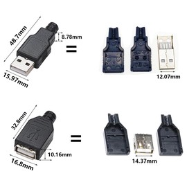 PENGLIN 20 Sets USB 2.0 Type A Female/Male Connector with Black Plastic Cover 4 Pin USB 2.0 Plug Connector for DIY (10 sets male + 10 female sets)