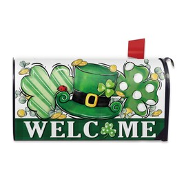 FBCOO Welcome St Patricks Day Top Hat Mailbox Cover Magnetic Standard Size 20.5" x 18", Lucky Shamrock Clover Decorative Post Letter Box Wrap Decor, Spring Irish Gold Garden Yard Outdoor Decoration