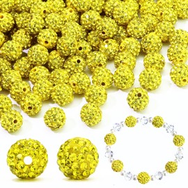 Dowarm 110PCS 10MM Rhinestone Beads for Jewelry Making, Round Rhinestone Clay Beads for Baseball Bracelet Earring Beaded Pen, Craft Polymer Fancy Shamballa Disco Ball Diamond Beads, Yellow/Gold