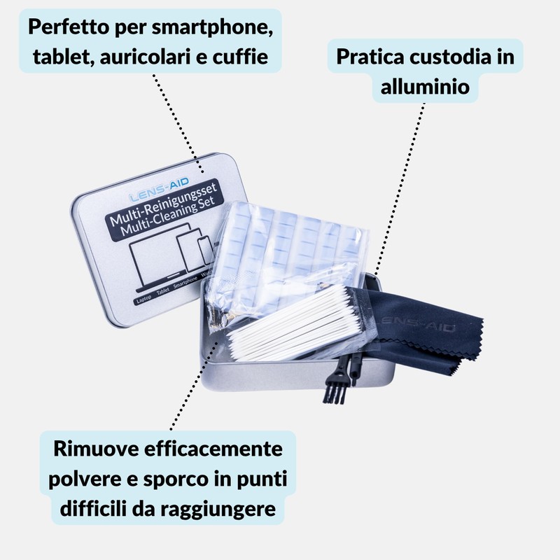 LENS-AID kit pulizia smartphone pasta USB-C auricolari 5 in 1