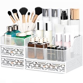Lamesa Makeup Organizer for Vanity, Metal Makeup Organizers and Storage, Large Capacity Vanity Organizers for Cosmetics, Skincare, Desk Organizers with Drawers for Dresser Countertop(Large White)