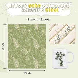 HTVSTD Boho Permanent Adhesive Vinyl-12 Sheets 12 * 10inches Sage Green Pattern Self Adhesive Vinyl Greenery Water proofing Permanent Vinyl for Mugs Vinyl Compatible with Sillhoutte Cameo and Cricut