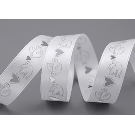 finemark 20 m x 25 mm Decorative Ribbon Wedding Dove White Silver Punched with Hole Pattern Wedding Satin Ribbon Gift Ribbon without Wire Hearts Pigeon Love Love