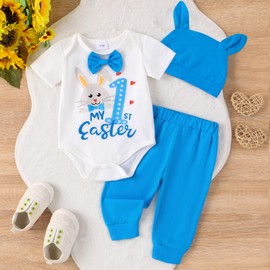 Thilsidee Newborn Baby Boy Girl Easter Day Clothes Set Short Sleeve Rabbit Romper Long Pants Hat My First Easter Outfits (D-Blue, 3-6 Months)
