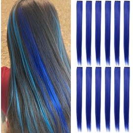 Fcysws 12Pcs Blue Hair Extensions Clip in Girls,21 Inch Heat-Resistant Synthetic Straight Blue Hair Accessories for Women Girls Gift Party Highlights Blue Hairpiece (Blue)