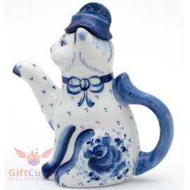 Handmade Porcelain Gzhel teapot coffee server cat souvenir handmade in Russia