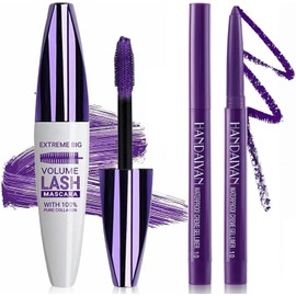 Lila Wimperntusche und Eyeliner Set, 5D Farbige Flüssig-Wimperntusche für Volumen, Länge, Schwung, wasserdicht, verwischfest, ideal für Party- und Bühnen-Make-up