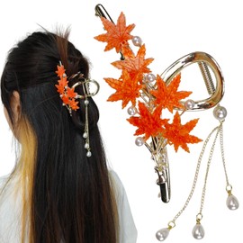 Kistreao Maple Leaf Hair Claw Clips 4.3'' Large Thanksgiving Hair Catch Clip for Gril Women Maple Leaf Pearl Tassel Non-Slip Gold Metal French Grab Clips Autumn Hair Accessories with Half Bun Hairpins