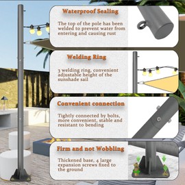 2 PCS Sun Shade Sail Poles - 10ft Outdoor Sunshade Sail Post with Carabiner Snap 2.36" Diameter Steel Metal Heavy Duty Pole Kit for Support Light String, Sunshade Sail, Canopy - Thickness 1.5mm