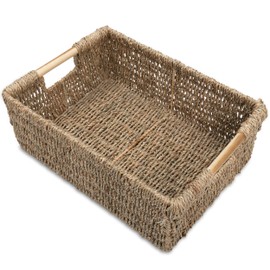 Large Wicker Basket Rectangular with Wooden Handles, Seagrass Basket Storage, Natural Baskets for Organizing, Wicker Baskets for Shelves 15.5 x 10.6 x 5.5 inches