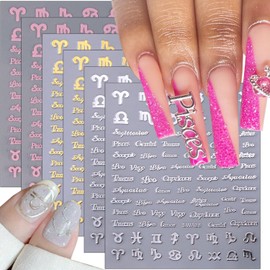 6Pcs Constellation Nail Art Stickers 3D English Letters Nail Stickers for Nail Art Decoration Self-Adhesive 12 Constellations English Nail Design Supplies Gold Silver Pink French Nail Decals for Women