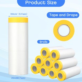 Seajan Masking Film for Painting Pre Taped Painters Plastic with Tape Attached Automotive Masking Tape Plastic Sheeting Roll Painters Masking Film Covering(9 Roll,White,5 x 65 Ft)