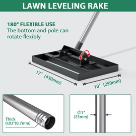 CRMCC 17" x 10" Lawn Leveling Rake with 78" Adjustable Stainless Steel Handle - Heavy Duty Grass Leveling Tool, Leveling rake for Lawn Care, Yard Leveler
