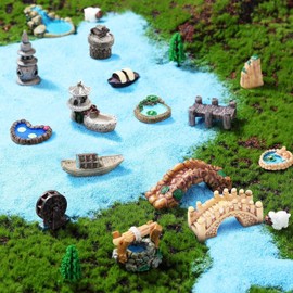 Brown Stone Arch Bridge Miniature Fairy Garden Accessories - Miniature Pond Lawn Garden Ornament Figurines, Mini Lighthouse Water Well Bridge Figurines, Micro Landscape Ornaments for DIY Kit