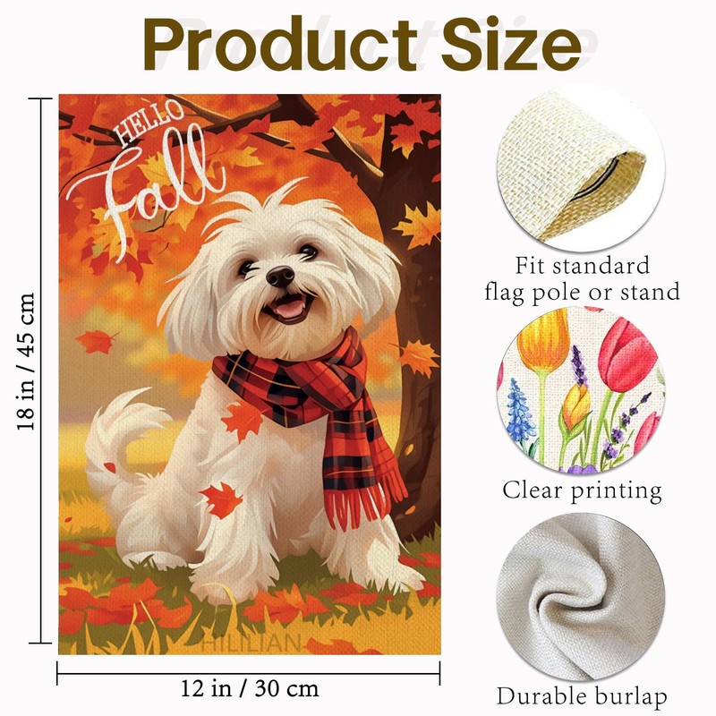 Hello Fall Garden Flag 12x18 Double Sided, Maltese-Dog Garden Flag