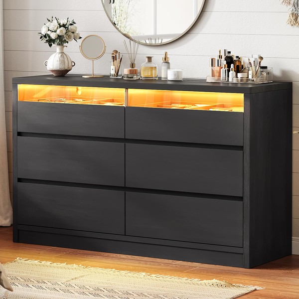 Jocoevol Modern Black LED 6 Drawer Dresser for Bedroom, Large