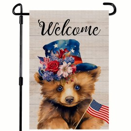 Welcome 4th of July Bear Patriotic Garden Flag, America USA Stars Dark Blue Yard Lawn Outside Decor, Memorial Day Independence Day Outdoor Home Decoration Double Sided 12 x 18 inch