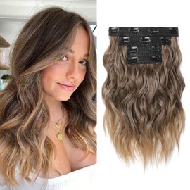 NTYNTY Hair Extensions, 14" Short Clip in Hair Extensions 4PCS Beach Wave Brown Hair Extensions Natural Soft Synthetic Hairpiece for Women - Light Brown with Golden Ends