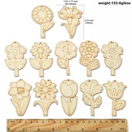 Stiesy 48 Pcs Unfinished Wood Craft Cutouts Flower Blank Wooden Ornament to Paint Carnations Tulips Sunflowers Rose Wood Big Pendant Craft Supplies for DIY Craft Wedding Party Decorations