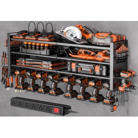 Heavy Duty Power Tool Organizer Wall Mount with Charging Station, Large Garage Organization with 10 cordless Drill Holder, 4 Layers Tool Organizers and Storage, Tool Rack with 6 Power Strip, Black