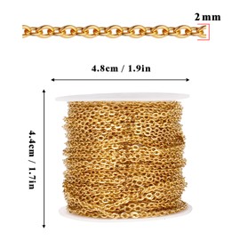 33 Feet 18K Gold PVD Plated Stainless Steel Cable Chain Bulk, 2mm 304 Stainless Steel Flat Cable Link Chains Roll Spool for Jewelry Making Necklace DIY Craft