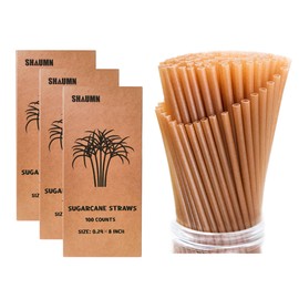300pcs Sugarcane Straws 8 Inch Compostable Straws Biodegradable Drinking Straws Plasticless Sturdy Smoothie Straws Not Foggy Packed by 100 Count per box(3 packs)