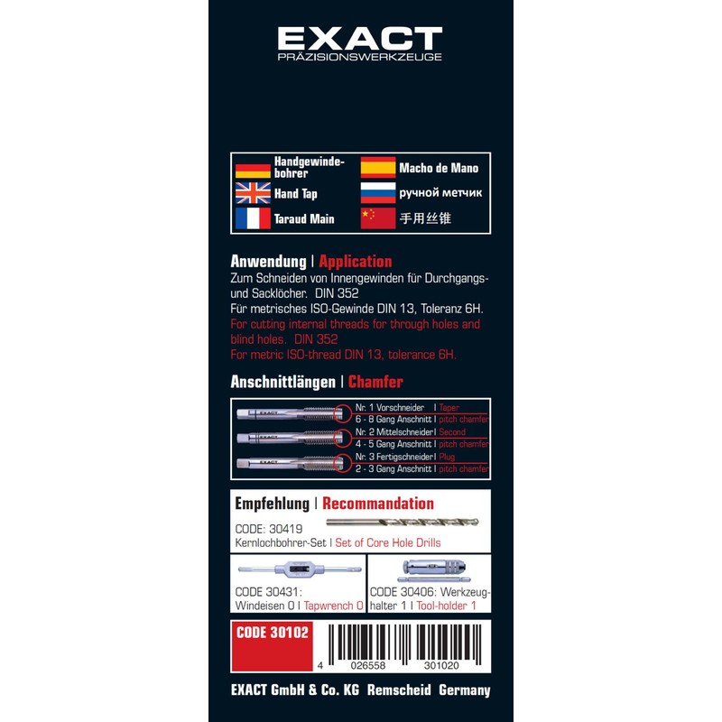 Exact 30102 Hand Tap Drill Bit Set HSS DIN 352