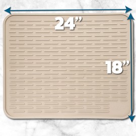 XXL Silicone Dish Drying Mat for Kitchen Counter or Under Sink, 24" x 18" Extra Large, Waterproof Pet Feeding Mat, Dog Food, Water Bowls, Under Drying Racks for Dishes, Coffee Bars, Bar Mats (Beige)